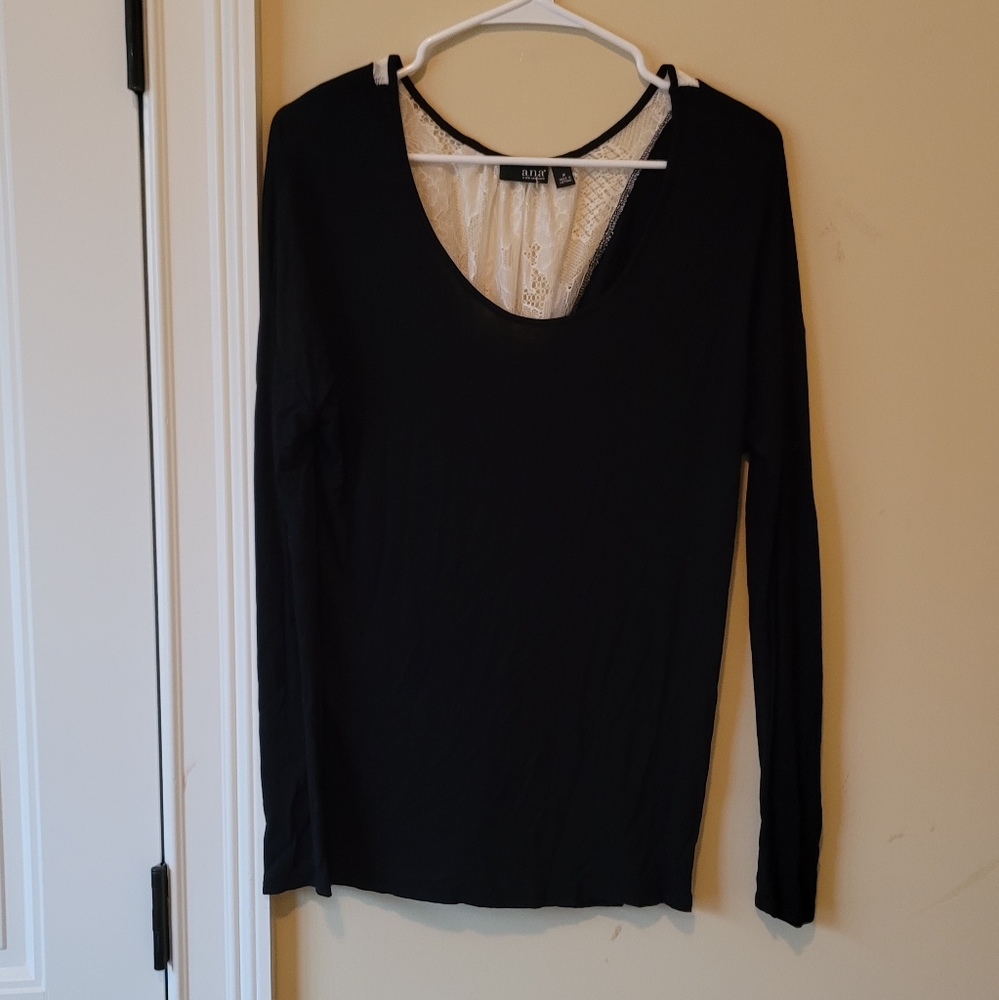 A.N.A Black Off White Lace Long Sleeve Top Shirt